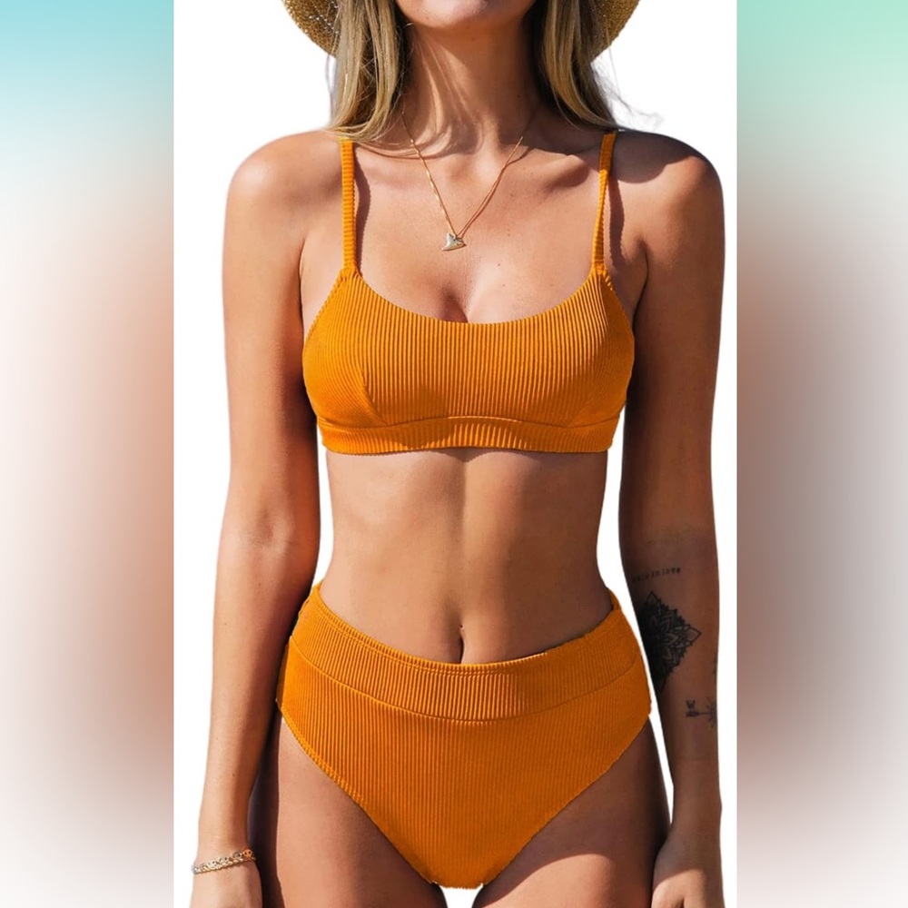 CUPSHE Bikini Set Two Piece Swimsuit High Waisted ribbed orange